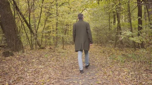 Rückansicht eines erwachsenen kaukasischen Mannes, der im Wald davonläuft. Mann in Freizeitkleidung genießt Ruhe