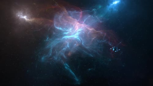 Futuristic Spaceship Flying Through Vibrant Space Nebula