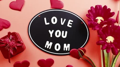 Love You Mom Text With Gift Box and Flowers