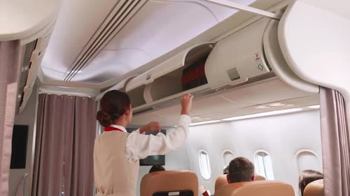 Une hôtesse de l'air ferme les compartiments à bagages au-dessus de l'avion.