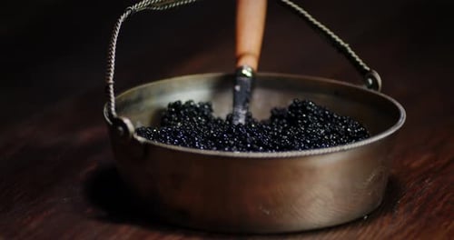 A Plate with Black Caviar and a Spoon Slowly Rotates