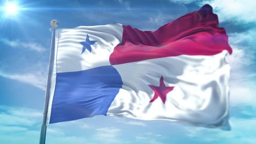 Realistic Waving Panama Flag in Sunny Blue Sky
