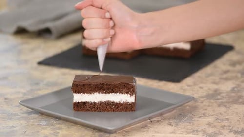 Decorating Chocolate Cake with Cream Filling