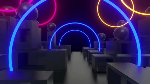 Abstract Neon Glowing Tunnel of Cubes and Rings Loop