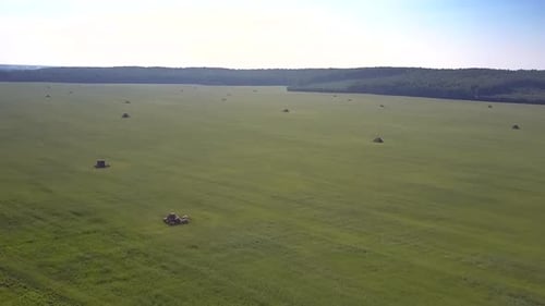 Aerial Panorama Huge Field with Scattered Haystacks