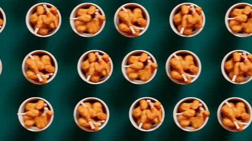 Buckets with fried chicken are jumping and moving together in one direction.Loop