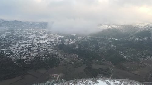 Cloudy Winter Forest Mountains Aerial Drone