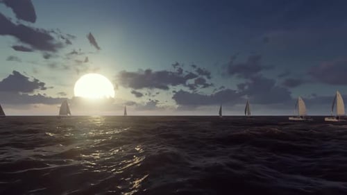 Sailboats Traversing Wavy Ocean at Sunset