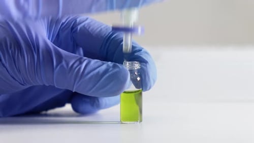 Chercheur filtrant un échantillon de plante à l'aide d'un filtre à seringue avant l'analyse