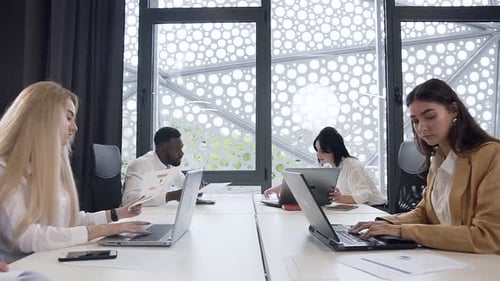 Coworkers Studying Different Business Papers and Working with Computers in the Modern Office