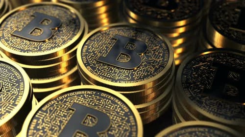 Golden Cryptocurrency Coins Stacks Rotating Digital Finance Concept