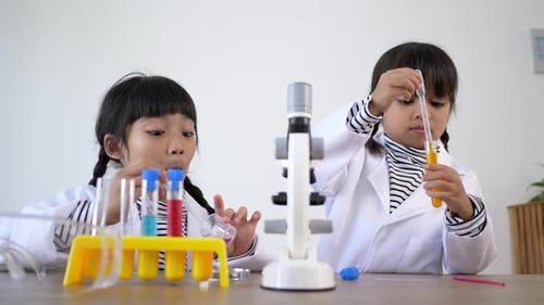 Two Young Children Conduct Science Experiment Indoors