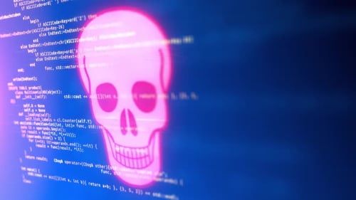 Neon Skull Digital Glitch with Scrolling Computer Code Background