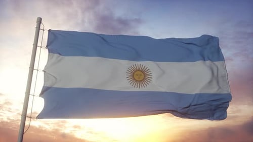 Realistic Waving Argentina Flag Against Sunset Sky