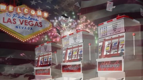 Las Vegas Casino Slot Machines with Fireworks and Flag