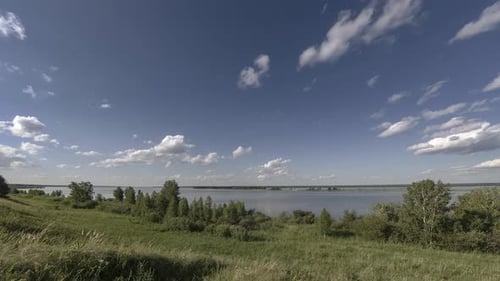 Ocean Bank and Grass Meadow Timelapse at the Summer or Autumn Time. Wild Nature, Sea Coast and Rural