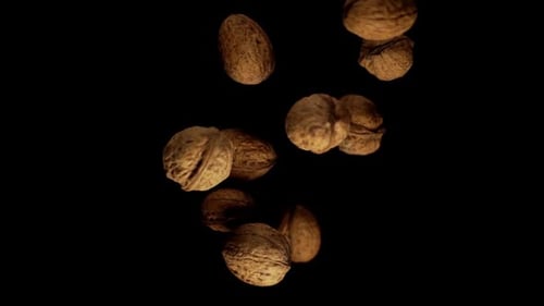 Walnuts Falling in Slow Motion on Black Background