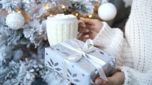Christmas. Close-Up Of Female Hands Holds Xmas Present And Cup Of Hot Chocolate.