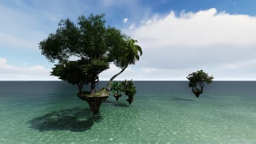 Floating Island Tropical Trees Over Clear Blue Ocean Animation