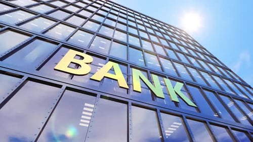 Main Entrance to the World Bank Building with Time Lapse Clouds Sky in Windows