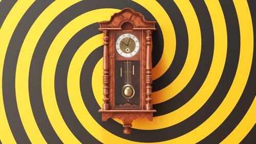 Vintage, wooden, pendulum clock hanging on a colorful spinning wall. 4KHD