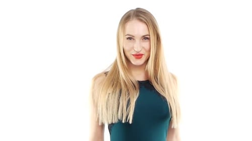 Attractive Woman in Beautiful Dress Smiling, Dancing, on White, Slow Motion