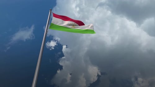 Realistic Waving Flag of Tajikistan on Flagpole with Sky