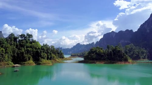 Cinematic Aerial Shot of Cheow Lan Lake Khao Sok Thailand