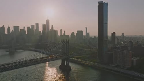 An Aerial Shot of New York City's Skyline at Sunset
