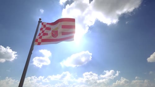 Realistic Waving Flag with Emblem Against Sunny Blue Sky