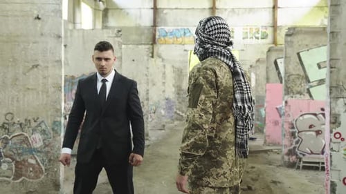 View of Combat Techniques of Intellectual and Sniper with Pistol in Ruins