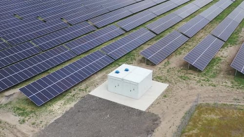 Drone View on a Solar Power Station in the Field Lots of Solar Panels