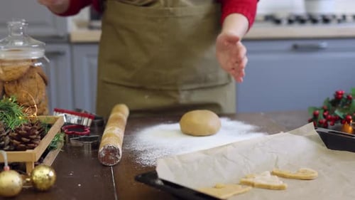 Unrecognizable Female Hands Cook Dough Pastry Kitchen Wooden Table Sifting Flour