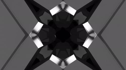 Flight through black geometric shapes in space