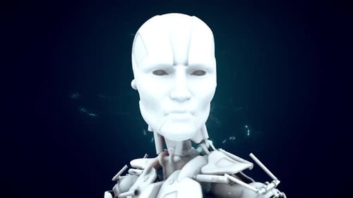 Futuristic Robot Head Rotating Animation with Digital Particles