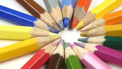 Bunch of Colored Pencils on White, Rotation, Close Up
