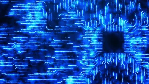 Futuristic Digital Circuit Board Animation with Glowing Blue Energy