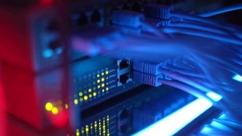 Closeup View of Modern Internet Network Switch with Plugged Ethernet Cables