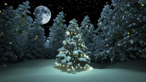 Christmas tree in the forest with garland and falling snow.