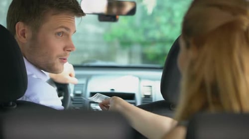 Taxi Client Paying Driver, Giving Dollars and Getting Off Car, Transport Service