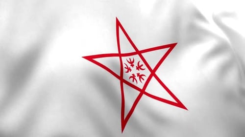 White Flag with Waving Red Pentagram Symbol