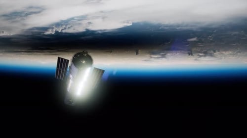 Hubble Space Telescope Orbiting Earth with Blue Horizon