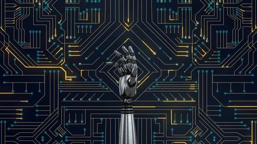 Futuristic Robotic Hand with Animated Circuit Board Background