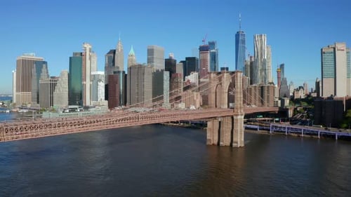 Aerial view of the Brooklyn bridge over Hudson river.