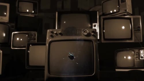 Old TV Green Screen Exploding. Sepia Tone.