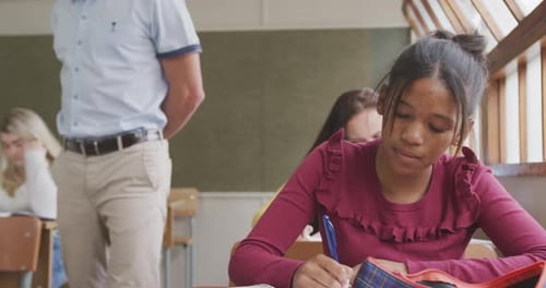 Teacher walking while high school students are writing