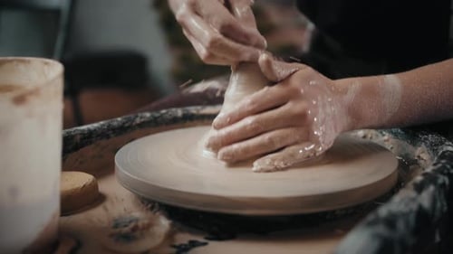 Close Up of Potter Clay Wheel Pottery Workshop Woman Making Diy Pot to Sale in Ecommerce Store Home