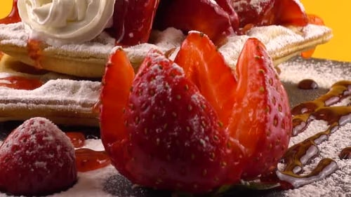 Waffles with Strawberries, Whipped Cream and Syrup