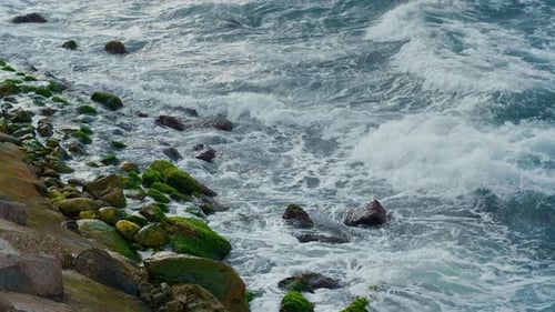 Stormy Black Sea, waves breaking over stones