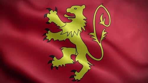 Waving Red Flag with Golden Lion Heraldic Symbol